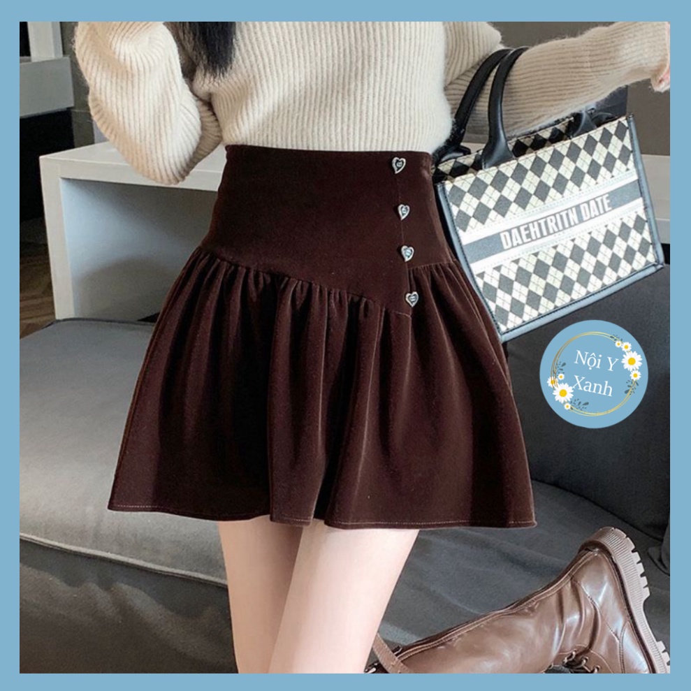 Chân váy nữ xòe nhung kèm theo khuy con tim hotrend xa hoa CV82 Nội Y Xanh hot trend thu đông ấm áp