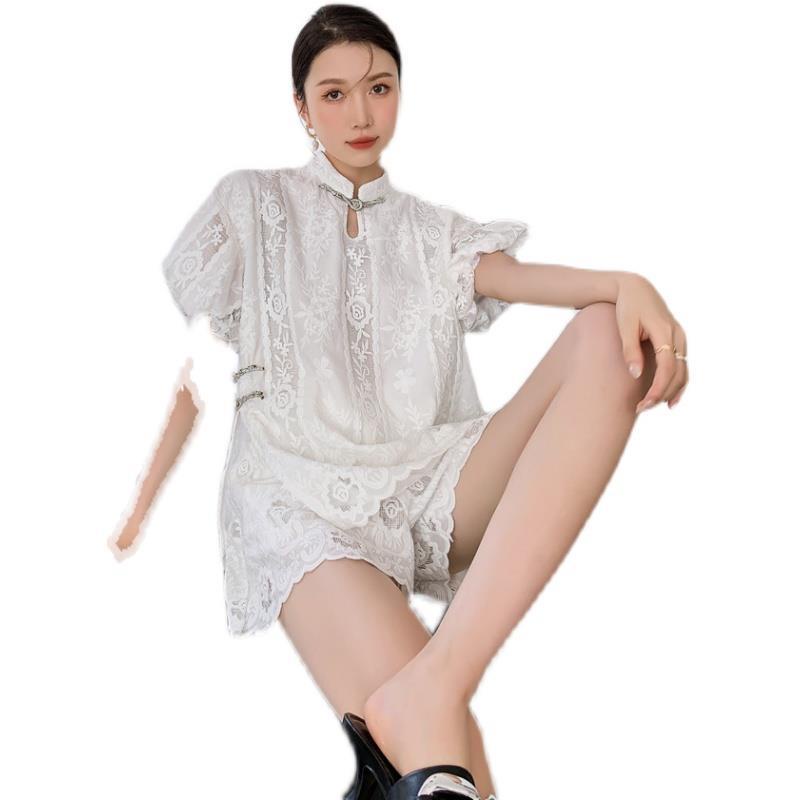 Set Áo Sơ Mi Trắng Tay Ngắn Thêu Họa Tiết Phong Cách Trung Hoa + Quần Short Ống Rộng Thời Trang Cho Nữ