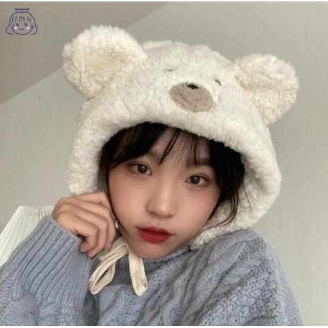 Mũ Nhung Lông Cừu Thêu Hình Gấu Nhật Bản Dễ Thương Bảo Vệ Tai Chống Đóng Băng Mùa Thu Đông