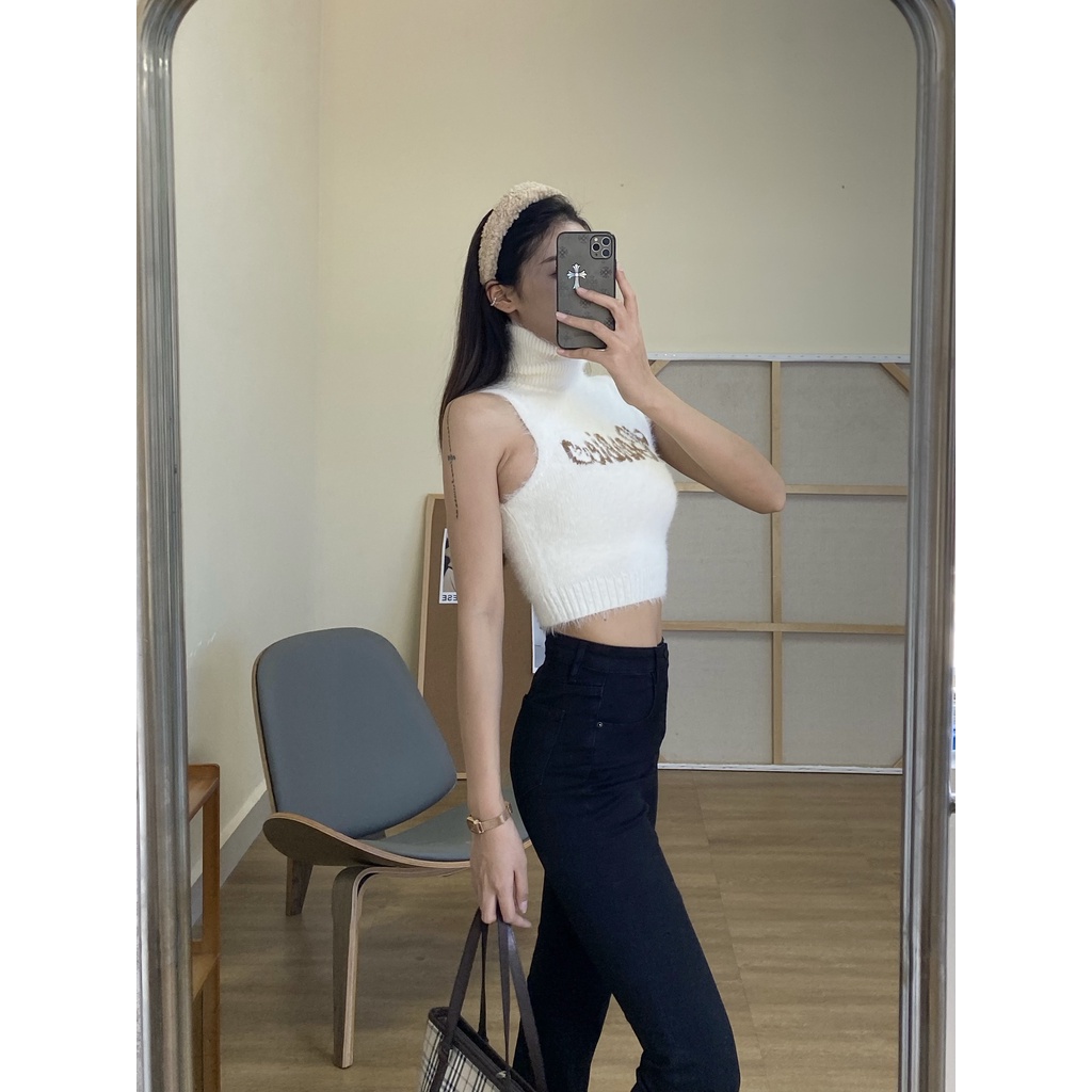 Cocory vn Áo Croptop Sát Nách Lông Nhung In Chữ Thời Trang Mùa Thu Quyến Rũ Cho Nữ