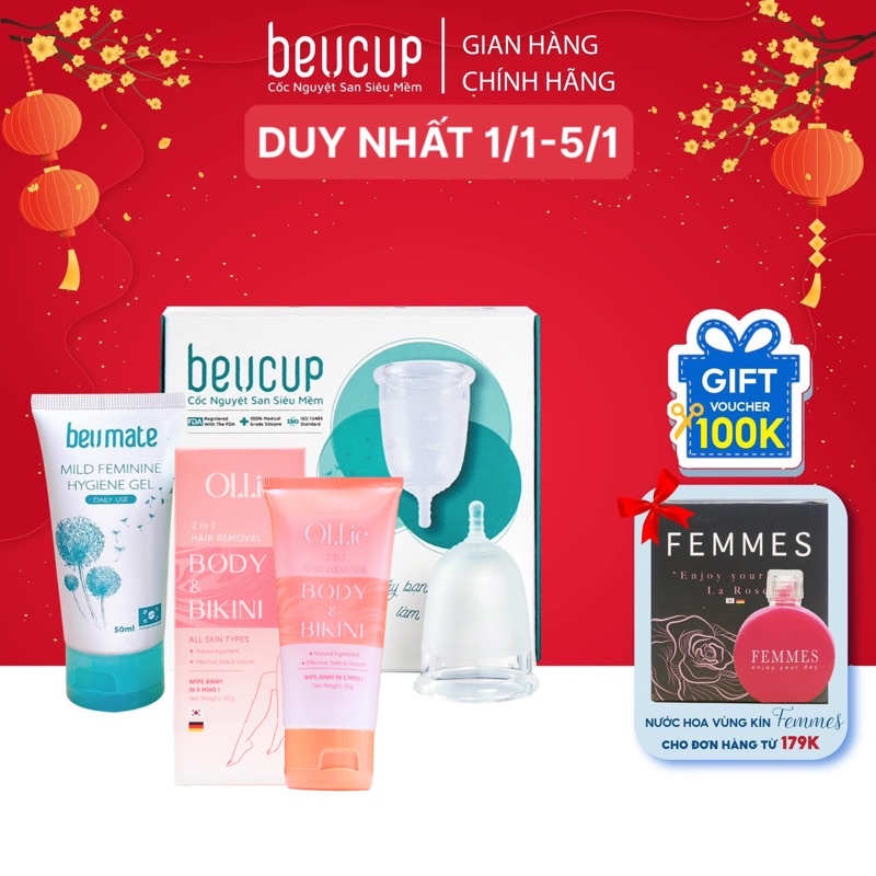 Combo bộ cốc nguyệt san BeUcup chính hãng chuẩn FDA Hoa Kỳ + kem tẩy lông