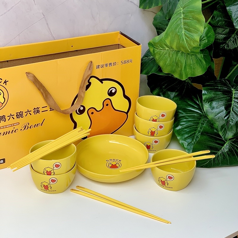 Bộ 2 bát 6 đĩa, Set tô chén gốm sứ Vịt Vàng B.Duck cho gia đình dùng được lò vi sóng, bộ đồ bàn ăn nhà bếp [Bếp nhà Haza