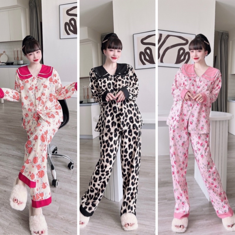 Đồ Bộ Tay Dài Lụa Hàn Cổ Sen Hai Lá Mặc Nhà Cho Nàng Múp