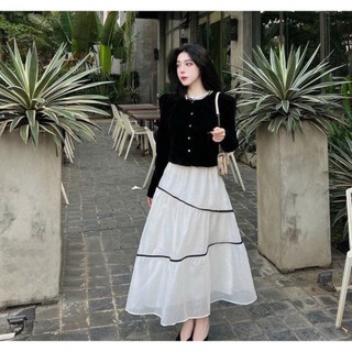 Set áo nhung cổ bèo phối chân váy xoè 2 lớp chạy viền
