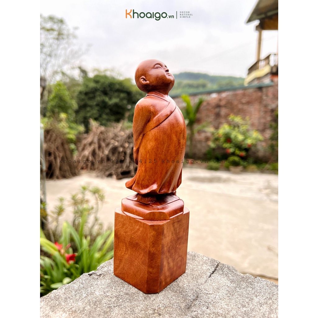 Tượng Vạn Sự Tùy Duyên - Tượng Chú Tiểu Gỗ Hương Cao 20cm, Tượng Gỗ Mini KhoaiGoDecor