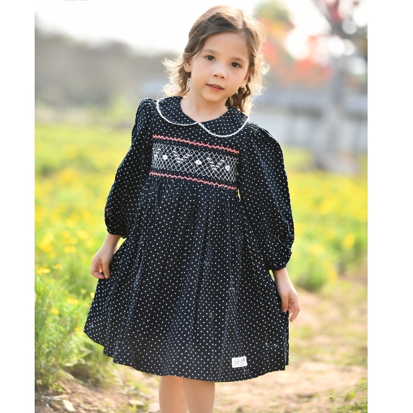 Váy Đầm Bé Gái SMOCK CÔ NẮNG Nhung Tăm Xanh Than Chấm Bi Dài Tay Thêu Chỉ Trắng