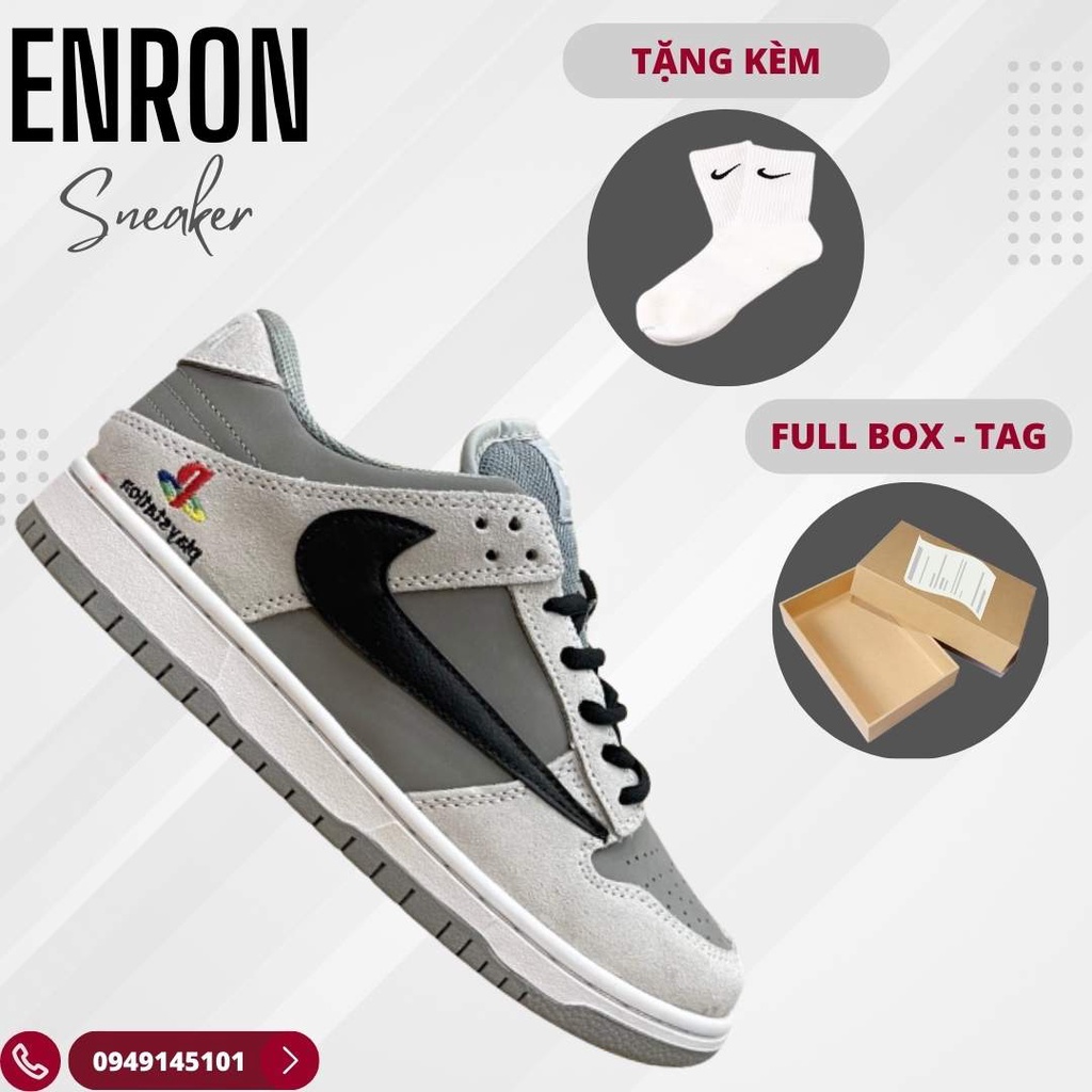 Giày Sneaker Dunk SB Low Sony X Travis Scott, Giày Thể Thao Nam Nữ Nike Cổ Thấp Xám Da Lộn, Full Box + Free Tất Nike