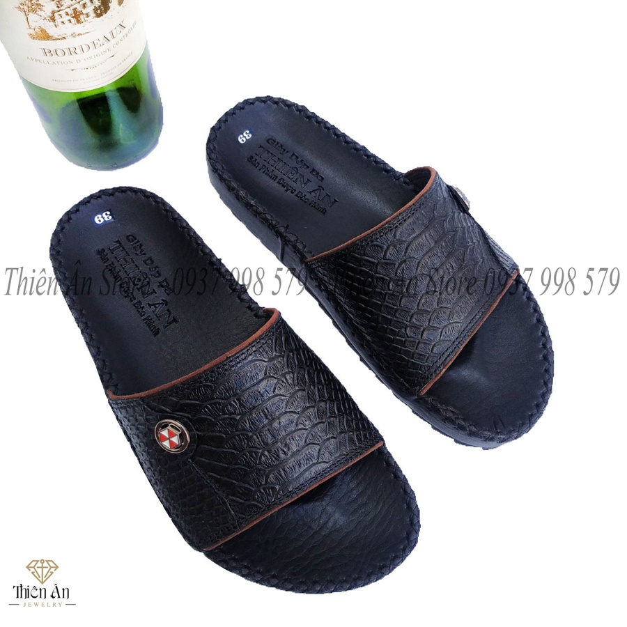 Dép da nam quai ngang chữ h da bò thật,màu Đen sang trọng đế cao 2,5cm AT28