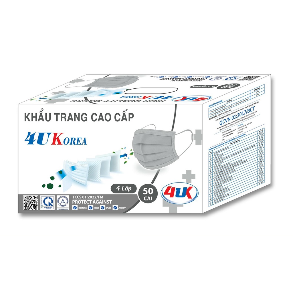 SỈ 10 HỘP, HỘP 50 CÁI KHẨU TRANG 4UK 4 LỚP KHÁNG KHUẨN  - CÓ THẺ MIX MÀU XANH, XÁM VÀ TRẮNG