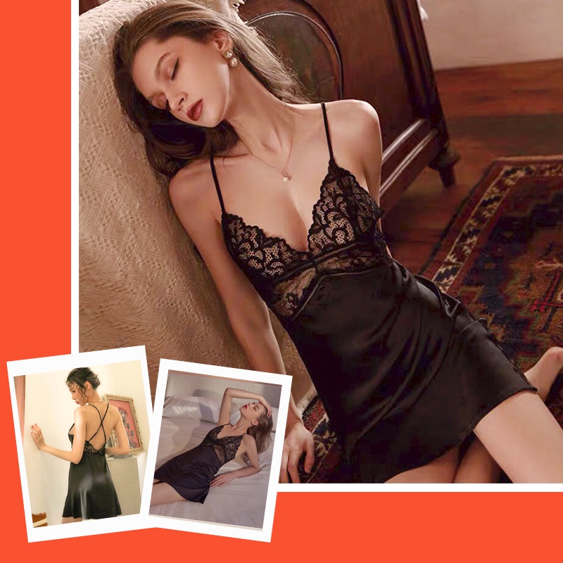 Váy ngủ lụa satin ren ngực sexy dây chéo lưng với màu đen quyến rũ BT062B