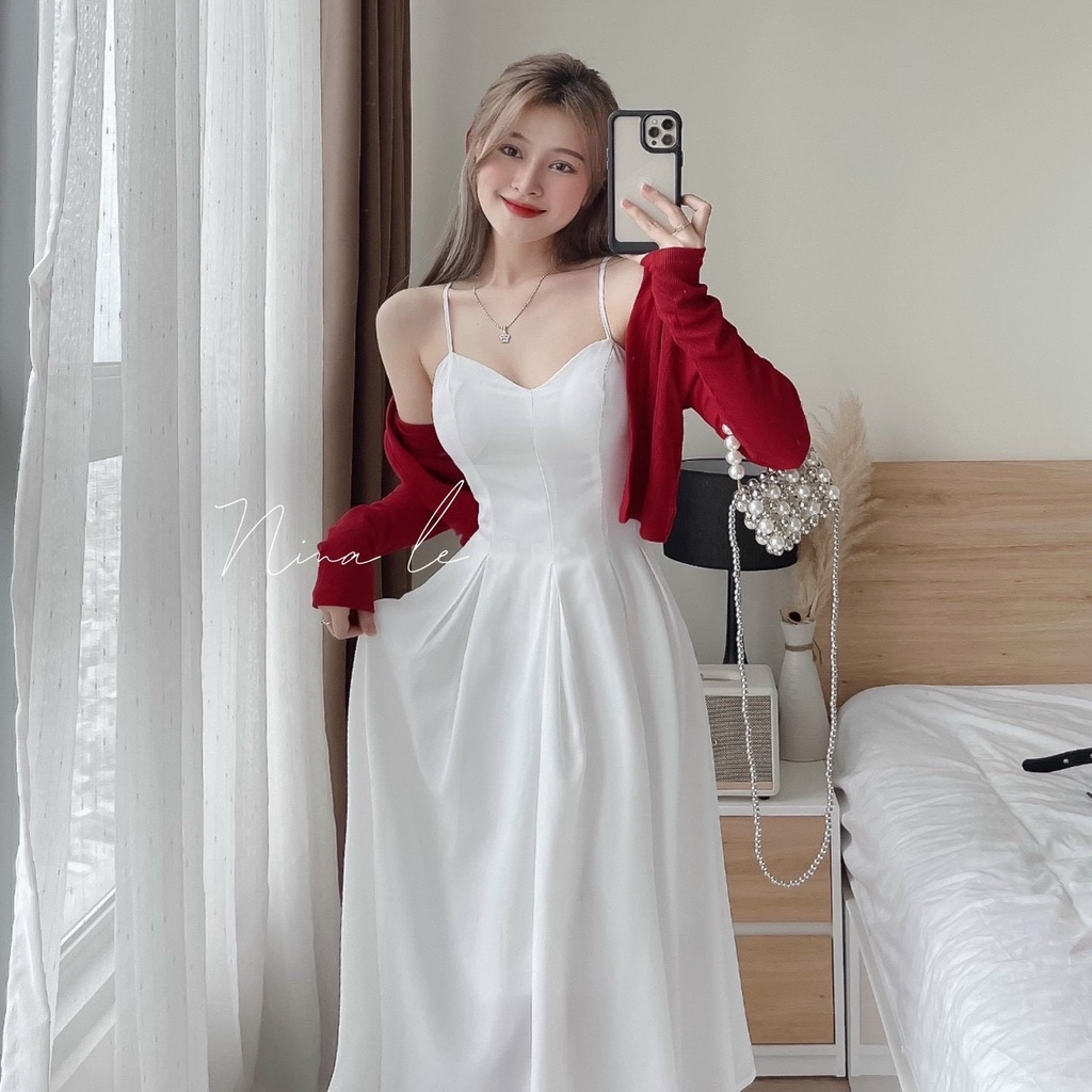 Váy đầm nữ 2 dây phối lụa nhung họa tiết màu trắng tinh khôi sang chảnh quý phái, kèm áo khoắc tăm gân tay dài cực xinh