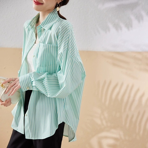 Áo Sơ Mi Tay Dài Kẻ Sọc Xanh Lá Mùa Hè Thu 2023 Phong Cách Lười Phong Cách Mới Cho Nữ