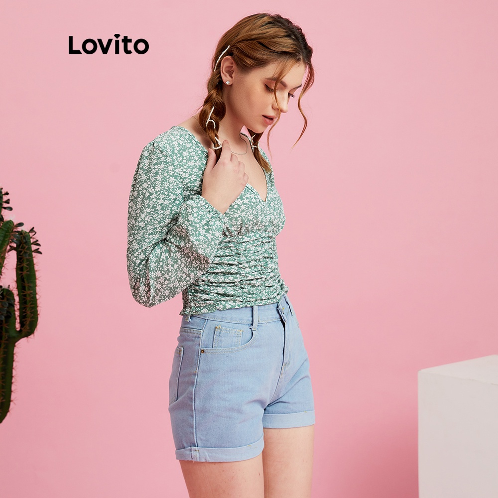 Áo kiểu Lovito cổ chữ V với đường may hình tổ ong in họa tiết hoa mặc thường ngày L10989 (Màu xanh lá)