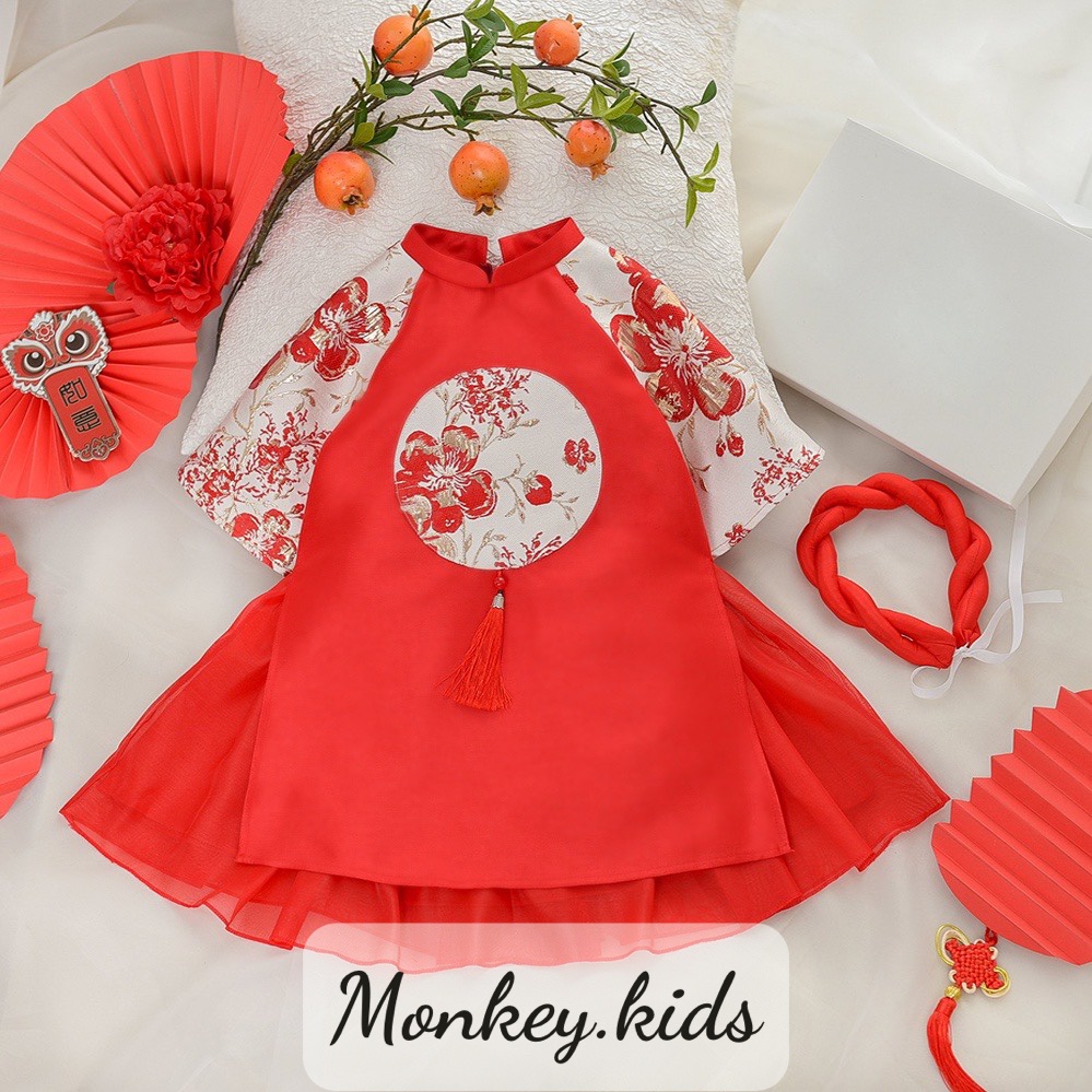 Set áo dài bé gái phối gấm hoa đào 2 mầu đỏ hồng ,sét áo dài trẻ em MONKEY KIDS full size