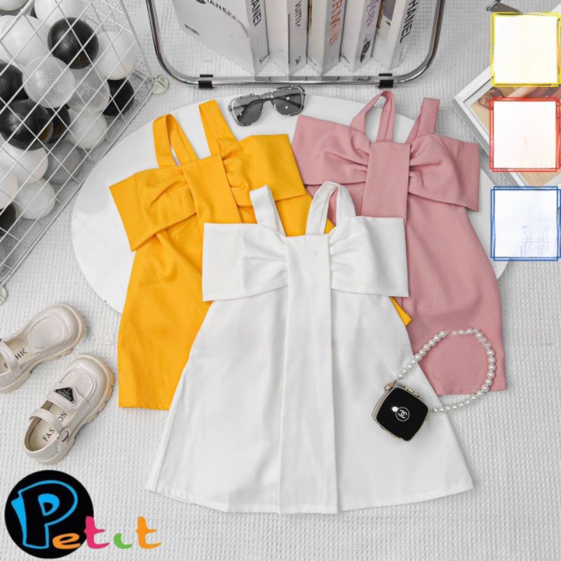 Đầm hai dây bé gái xếp ly đính nơ điệu đà phong cách