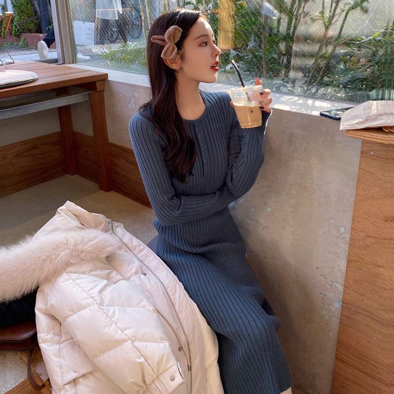 Đầm SUXI dệt kim tay dài cổ tròn ôm dáng vừa vặn phong cách vintage thời trang mùa thu thường ngày dành cho nữ