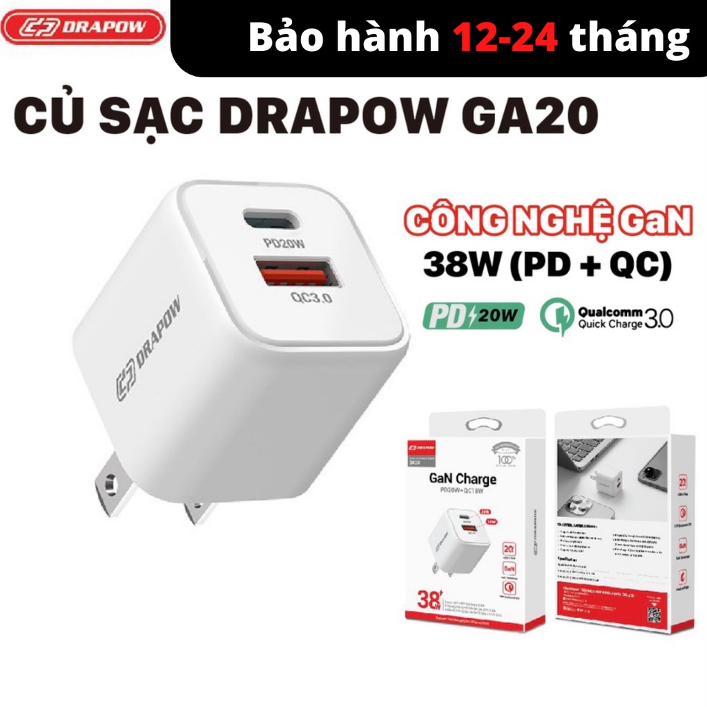 Bộ củ sạc nhanh GA20 CHÍNH HÃNG DRAPOW 38W Adapter-USB C PD 20W QC 3.0 18w cho IPhone và android - an toàn chống cháy nổ