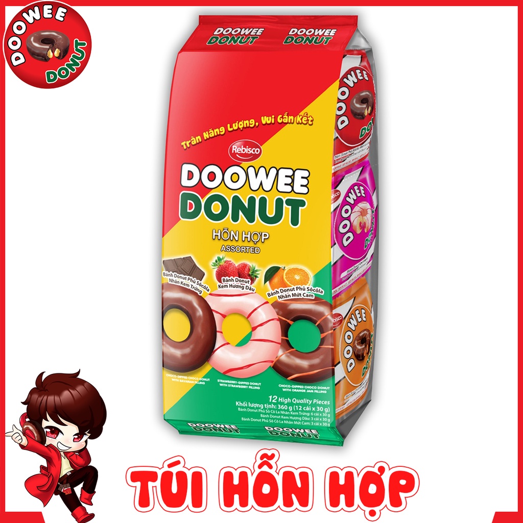 Bánh Doowee Donut - Túi 3 vị: Socola, Dâu tươi, Socola Cam - Donut đóng gói đầu tiên tại Việt Nam - Túi hỗn hợp 12