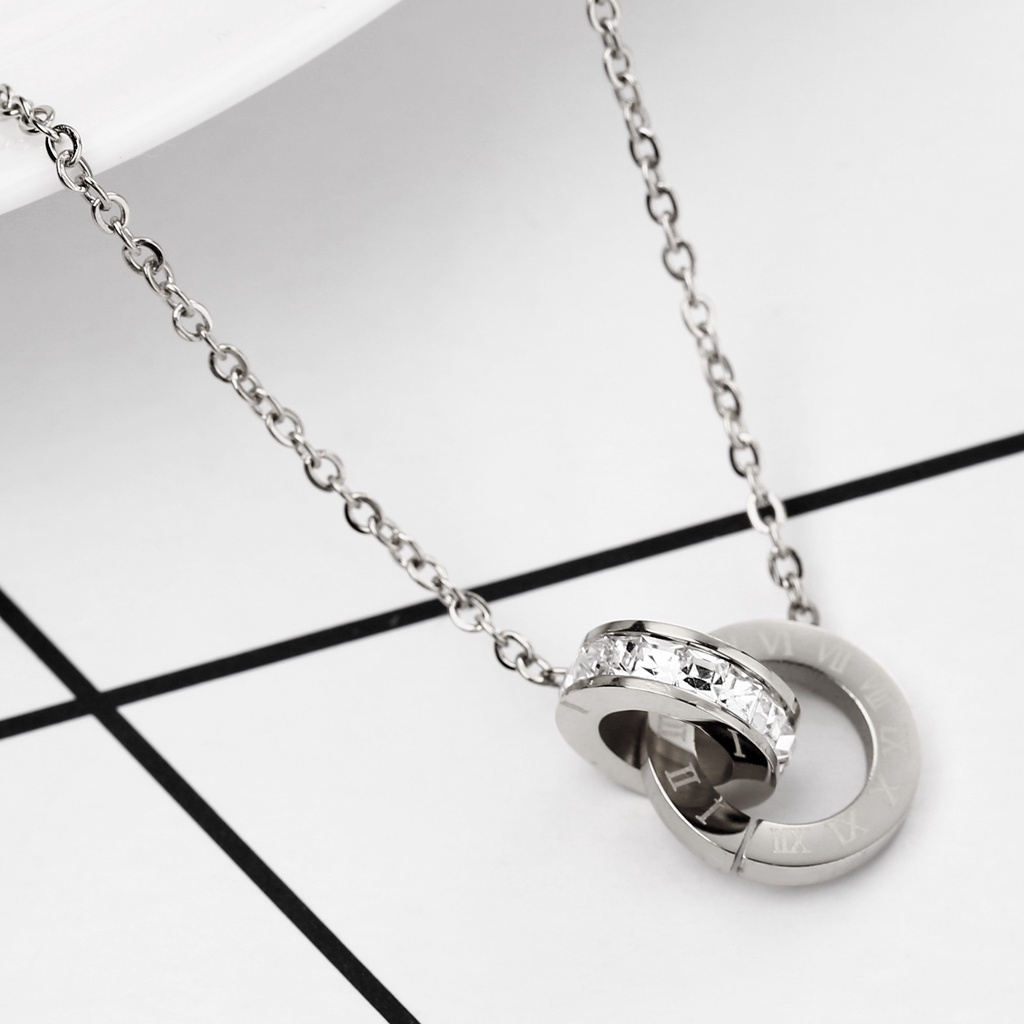Besfome Set Vòng cổ Và Bông Tai Hai Vòng Tròn Khắc Số La Mã Đính Đá Zircon Thời Trang