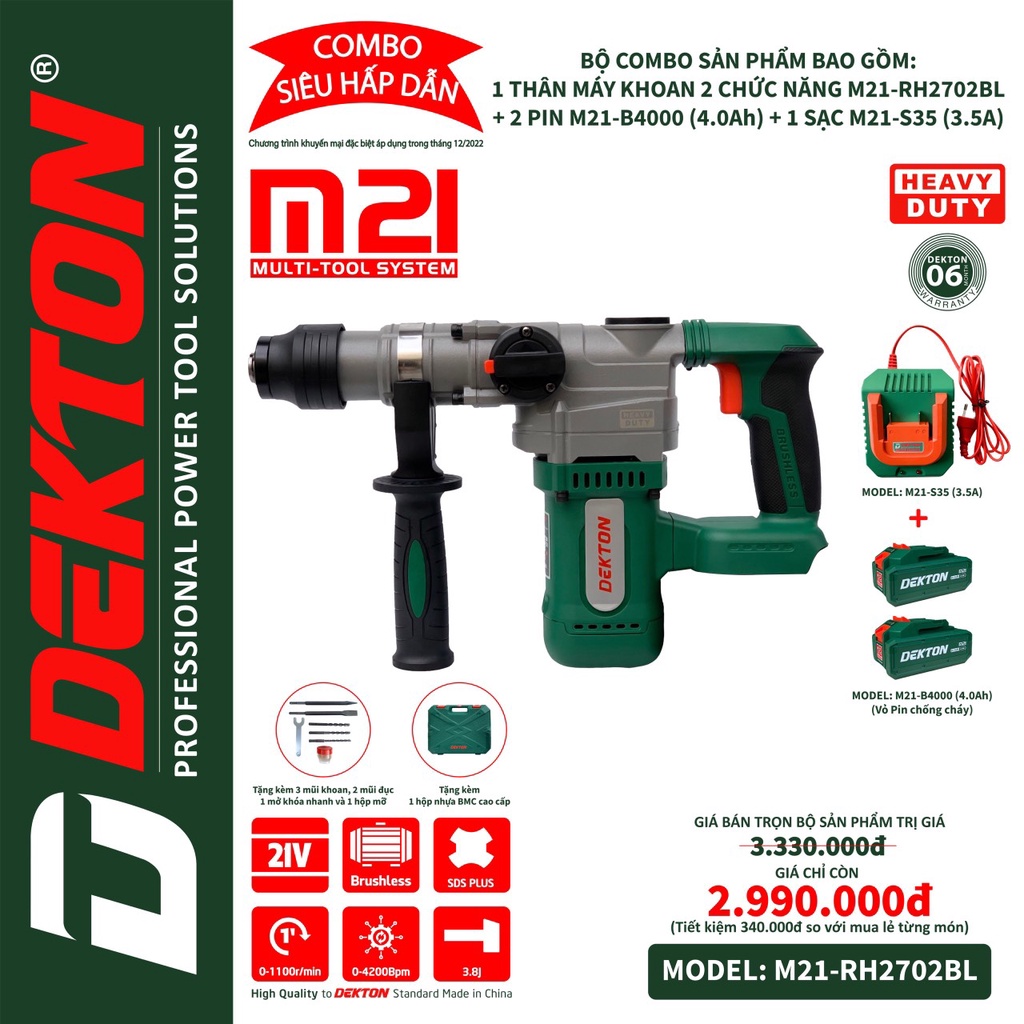 Máy Khoan Bê Tông Dùng Pin Dekton M21-RH2702BL - 2 Chức Năng - Motor Brushless - Chân Pin Phổ Thông