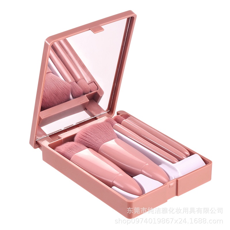 Set 5 Cọ Trang Điểm Mini Kèm Hộp Đựng Trong Suốt Và Gương Soi Tiện Lợi