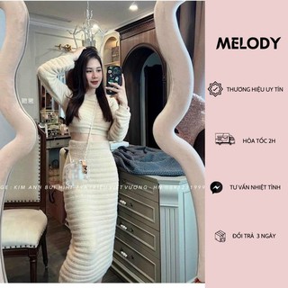 Set áo len dài tay dáng croptop + chân váy bút chì dài tiểu thư sang chảnh