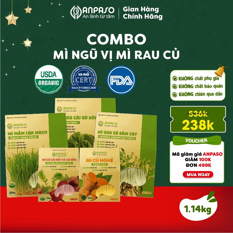 Combo Ngũ Vị Mì Rau Củ Organic Anpaso 1.14kg Giảm Cân, Mỳ Eat Clean, Ăn Chay, Ăn Kiêng hữu cơ 5 vị