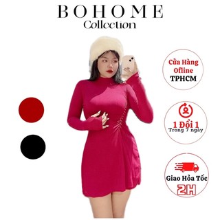 Đầm body xoè tay dài nhún hông, đầm body, đầm nữ Bohome