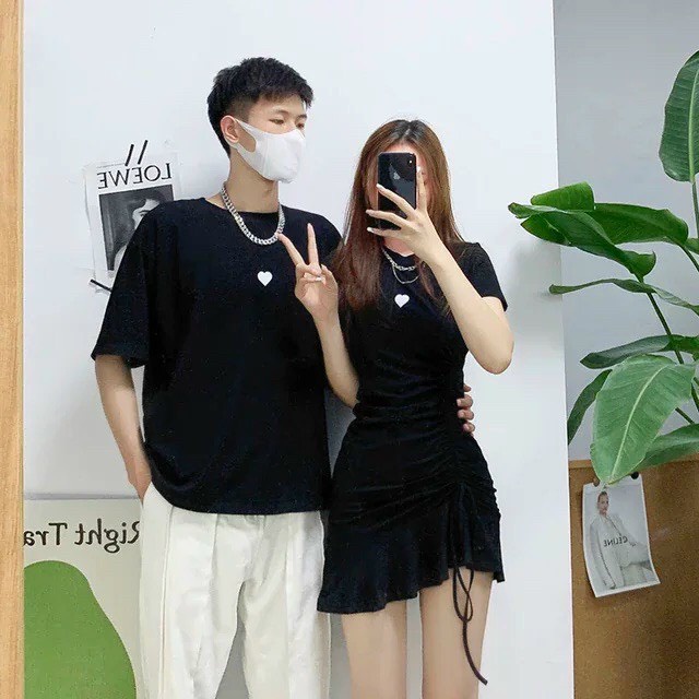 Váy thun đôi nam nữ cổ tròn rút thun eo dễ thương