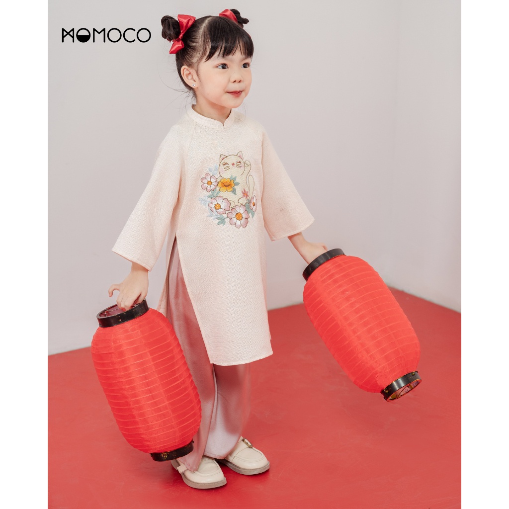 Bộ Áo Dài Trẻ Em PETIT MOMO Thêu Mèo May Mắn Chất Vải Linen Mềm Mại Thoáng Mát Cho Bé Gái H197