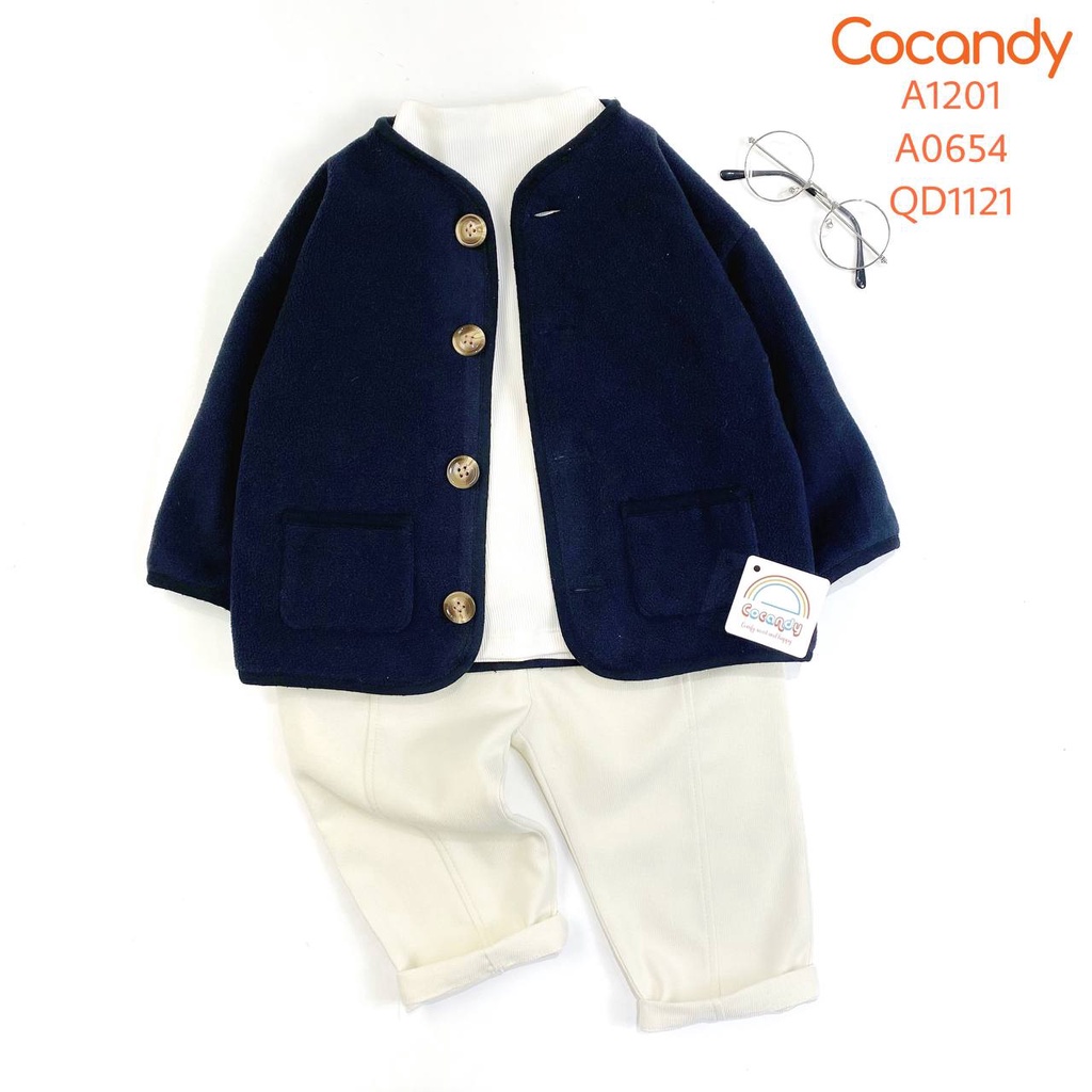 Set đồ cho bé -Áo khoác nỉ bông XANH ĐEN trơn và Quần dài nhung BE cho bé của COCANDY mã A1201,QD112170
