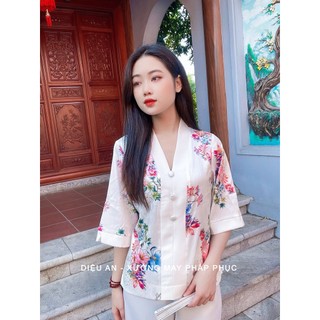 Bộ Đi Lễ Chùa Lụa Trắng Hoa Lan Ánh Kim
