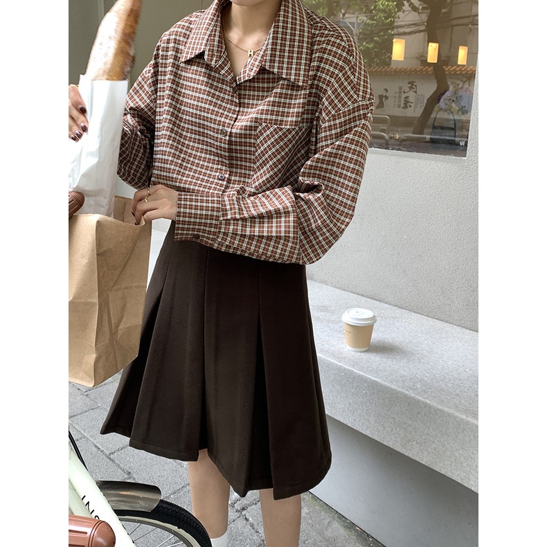 Áo sơ mi nữ Form rộng Tay dài kẻ sọc caro Retro Thu Đông Hàn Quốc Sơ mi nữ Dáng rộng Dài tay Thời trang