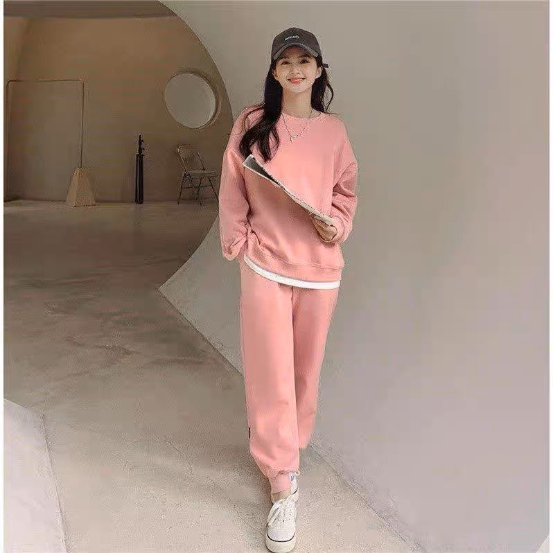 Bộ Nỉ Trơn Cổ Tròn Phối Dáng Rộng Nam Nữ Oversize Unisex Mùa Đông Chất Đẹp Hàn Basic