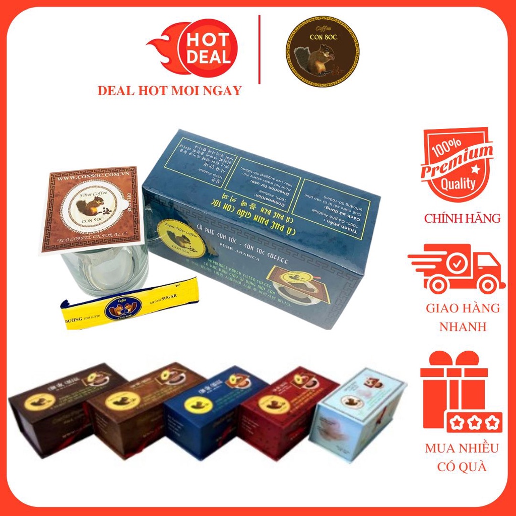 Cà Phê Con Sóc Phin Lọc Giấy Xanh/Đen/Nâu/Tím/Sữa Hộp 100G (10 gói)