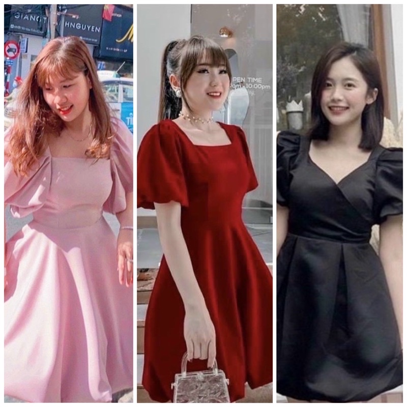 Đầm đỏ hồng đen tùng bầu tròn 3 màu (kèm hình thật)