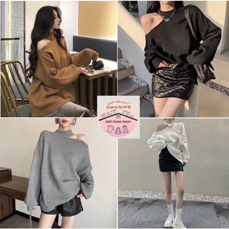 Áo nỉ nữ khoét vai dài tay cá tính 4 màu Freesize form dưới 62kg mặc đẹp-Minxy shop