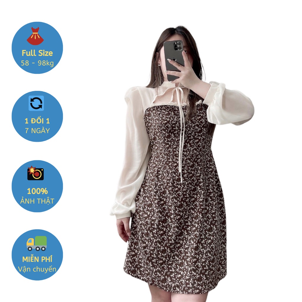 Váy phối tay tơ thiết kế big size HANA size từ 58kg đến 98kg, vải hoa nhí nâu kết hợp tay phối tơ che khuyết điểm