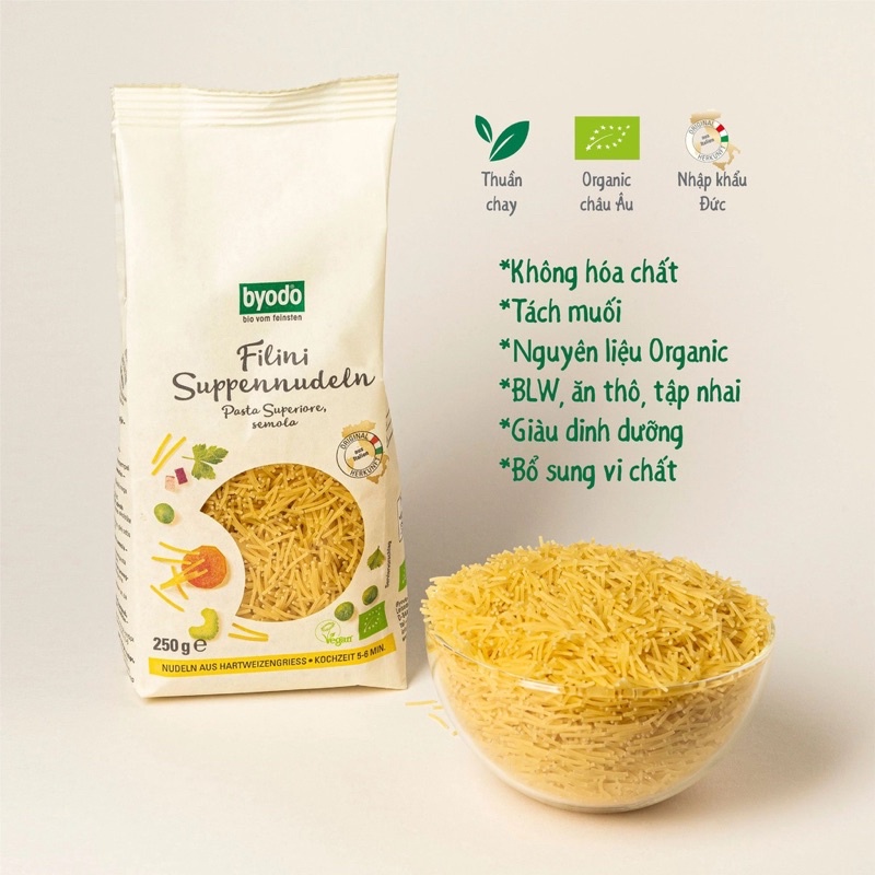 Mì spagetti mini hữu cơ Byodo Đức cho bé từ 6M+. Mì tập ăn BLW tăng thô cho bé 250g