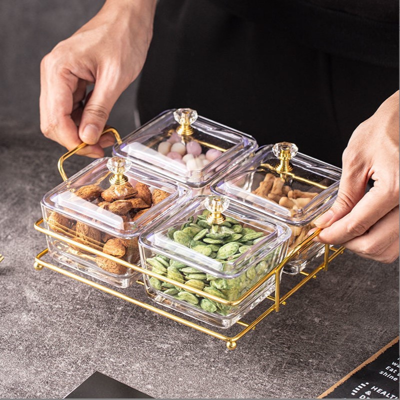 Khay đựng mứt tết thủy tinh cao cấp, hộp đựng bánh kẹo hoa quả sang trọng tặng 6 chiếc dĩa inox mạ vàng