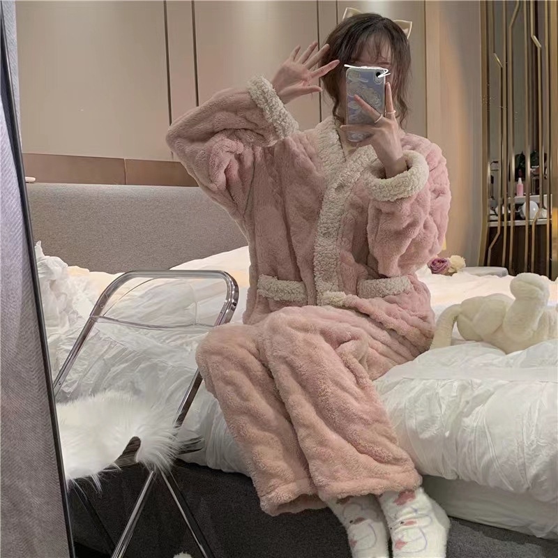 Bộ Đồ Ngủ Lông Dày Dặn Ấm Áp Thời Trang Mùa Đông Cho Nữ