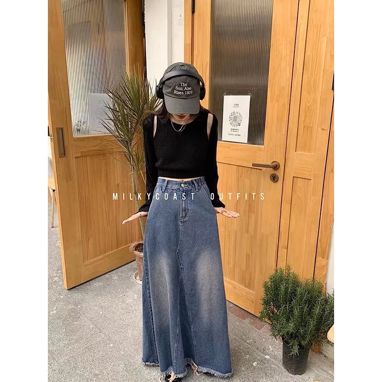 Chân Váy Denim Dài Dáng Chữ A Phong Cách Retro Dành Cho Nữ