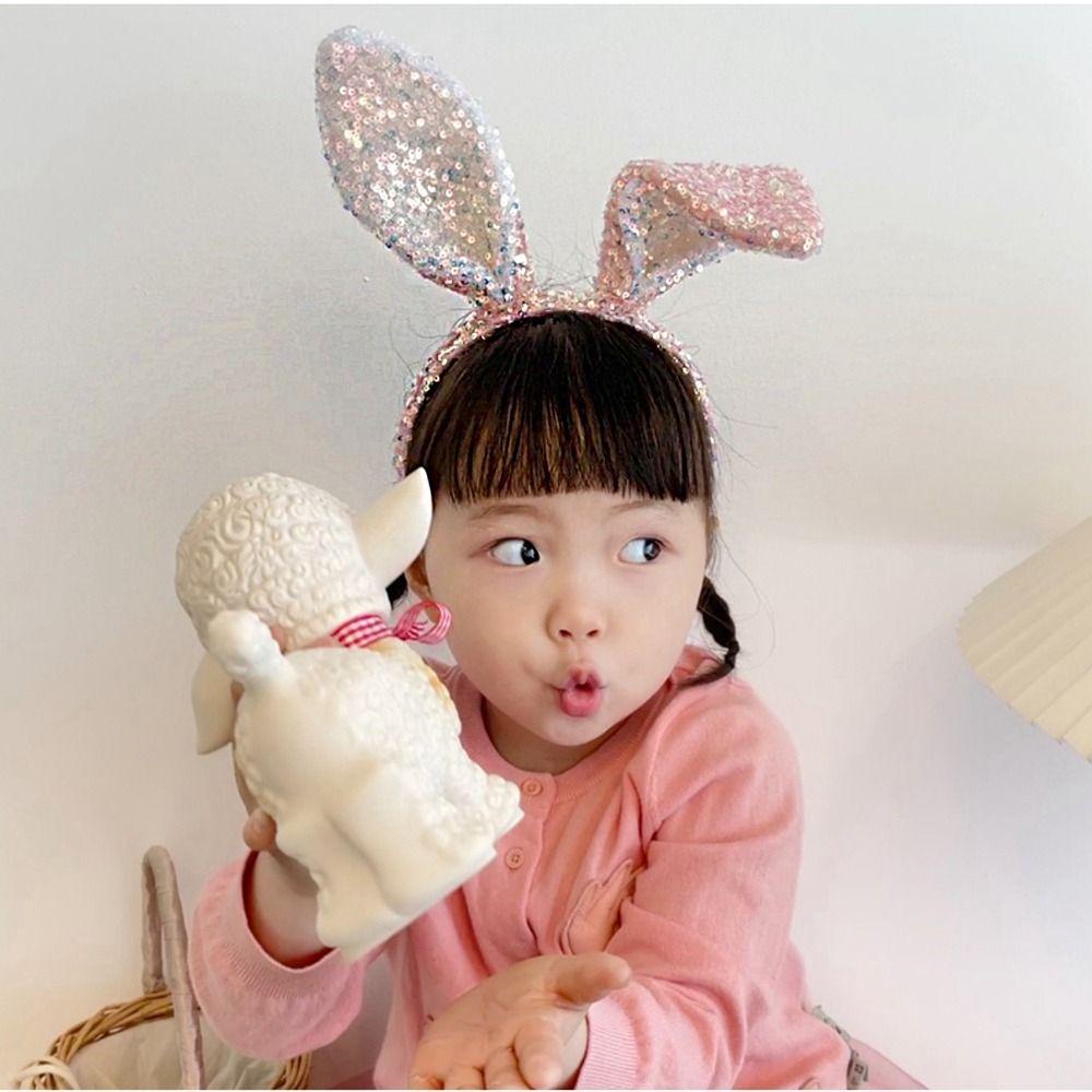Băng Đô Cài Tóc Hình Tai Thỏ Đính Kim Sa Lấp Lánh Phong Cách Hoạt Hình