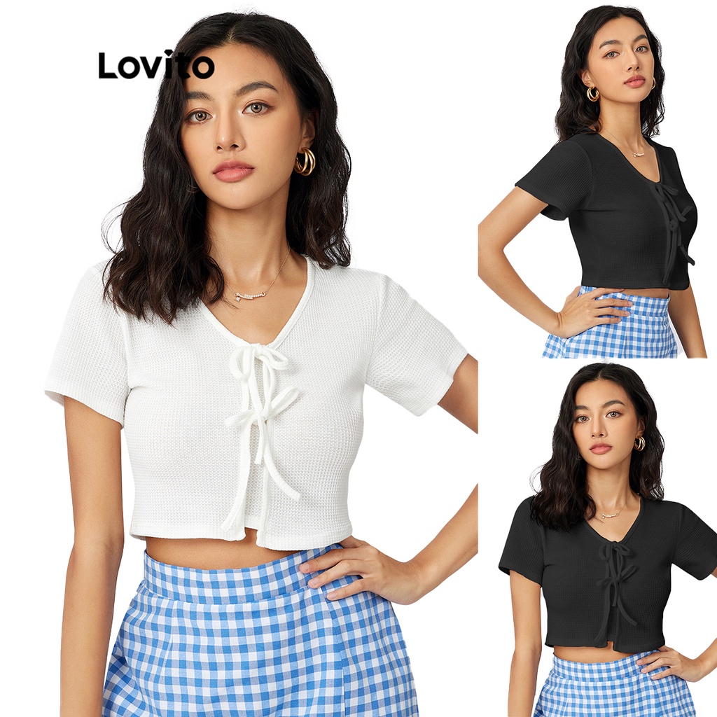 Lovito Bánh quế đơn giản dệt kim tự buộc dây Cắt áo trên áo L21AS038 (Trắng)