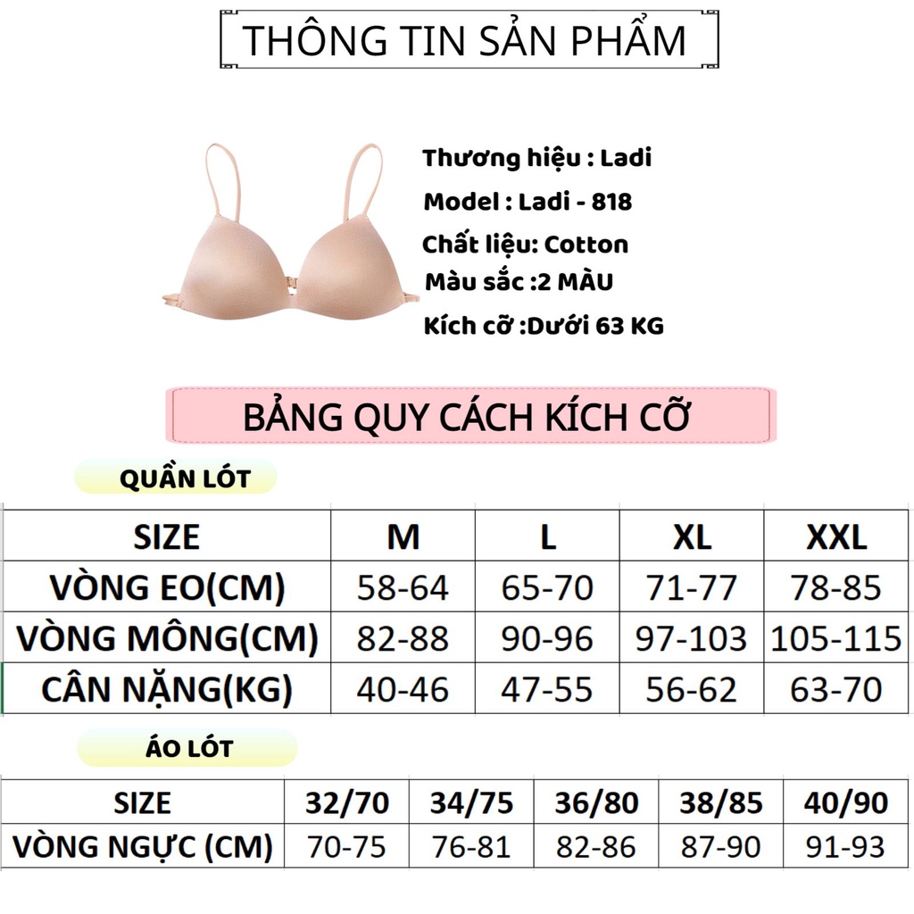 Áo Lót Nữ LADI Không Gọng Nâng Ngực Thiết Kế 2 Dây Hở Lưng Gợi Cảm MÃ 818