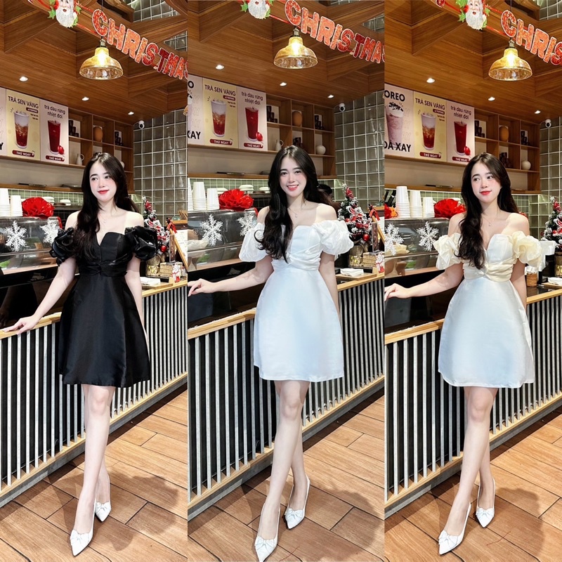 Váy đầm thiết kế cổ khoét V cách điệu eo xoắn dây tơ, vai tơ nhúm phồng chân váy xoè ngang đùi
