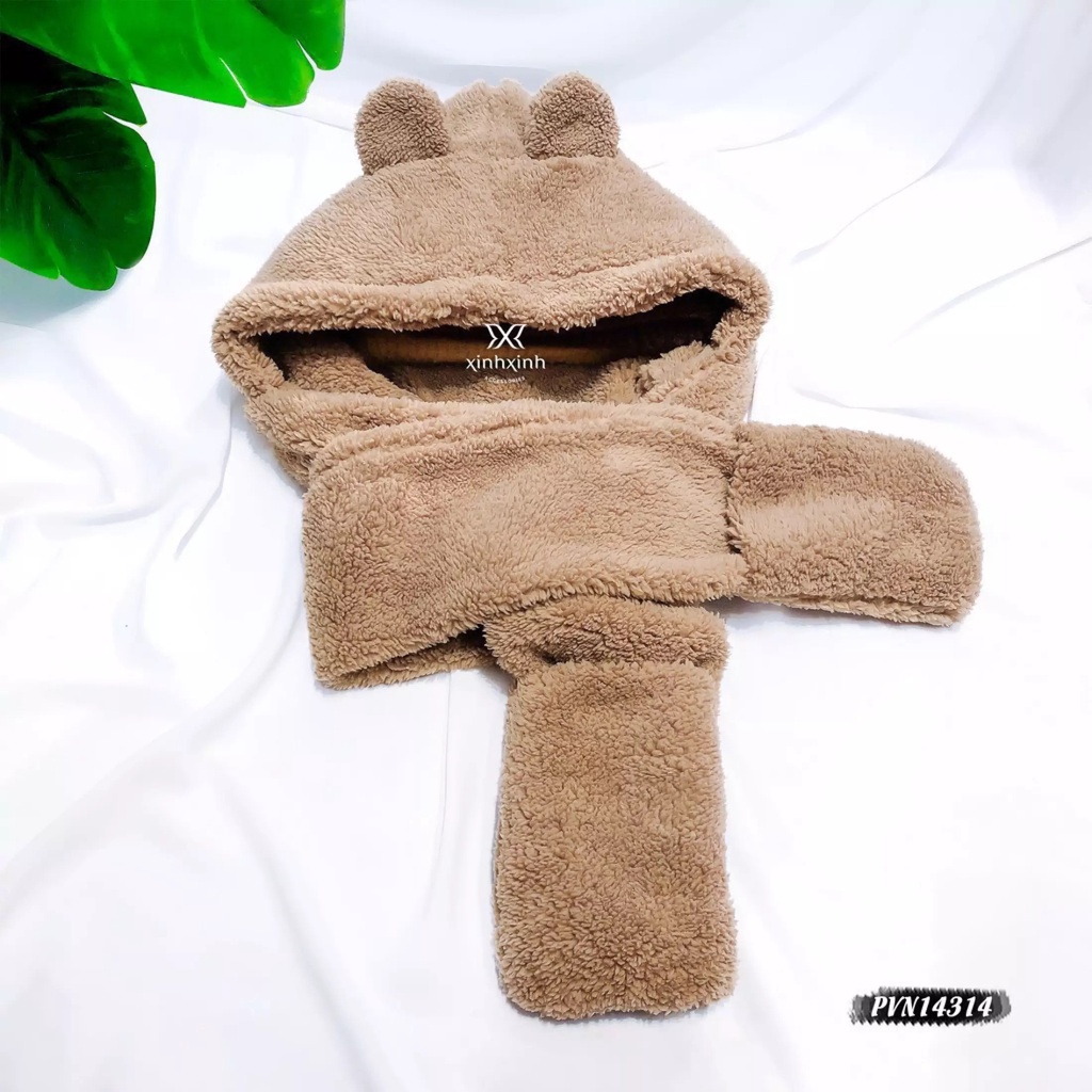 Mũ len nữ trùm đầu, Mũ lông cừu tai gấu kèm khăn quàng cổ và găng tay - Đánh bay giá lạnh mùa đông