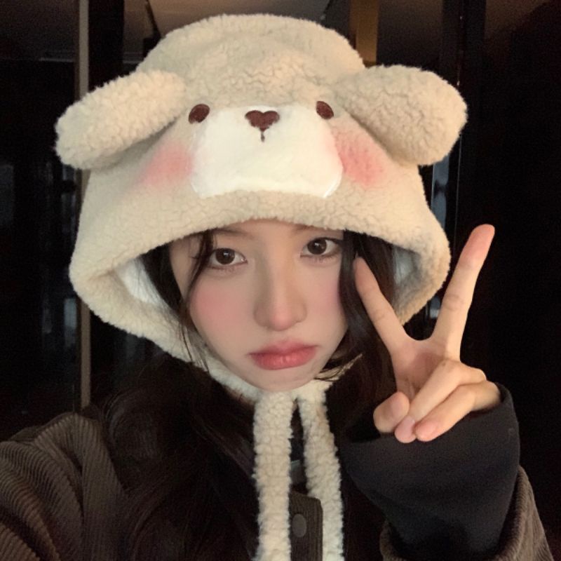 Mũ Lông Cừu Trùm Đầu Mặt Gấu Má Hồng Siêu Cute
