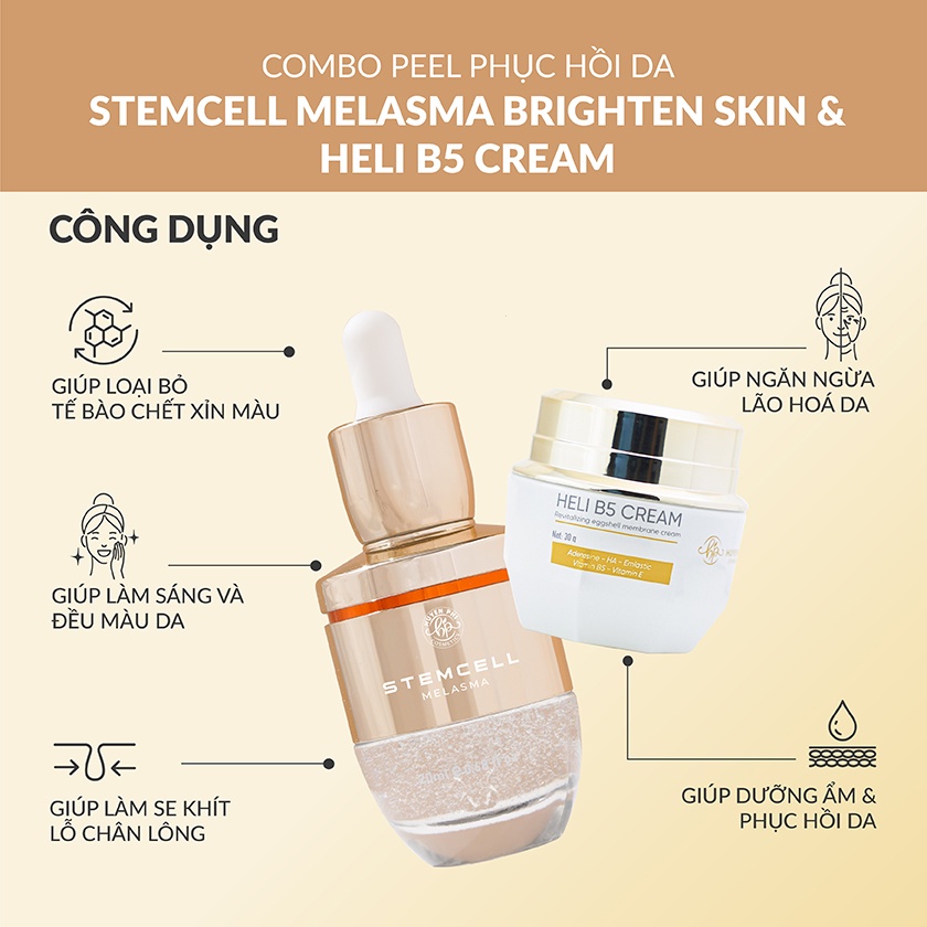 Combo Peel da Stemcell Melasma Brighten Skin 20ml + Kem phục hồi Heli B5 Cream 30g