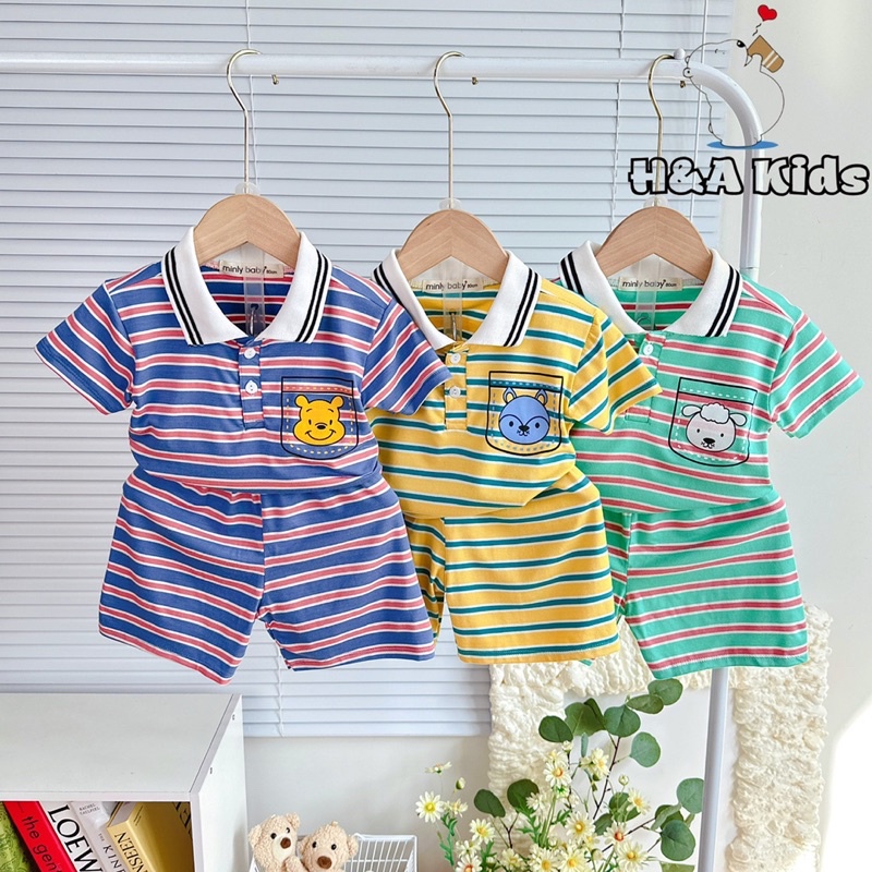 Bộ cộc tay kẻ sọc cổ trụ bẻ Minly Baby chất thun lạnh Visco cao cấp siêu mềm mát cho bé trai